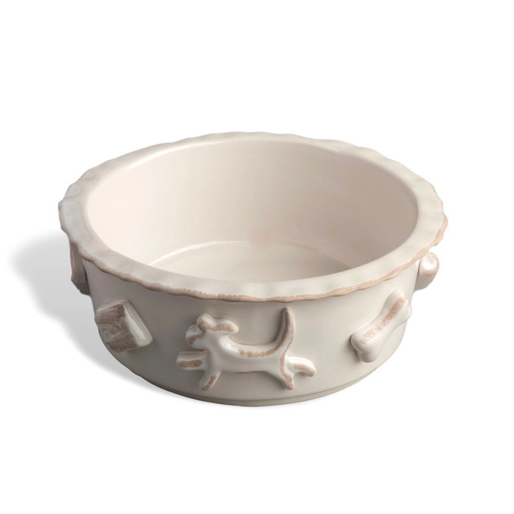 Dog Food and Water Bowl - Medium French White