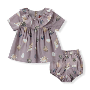 Purple Seashell Butterfly Ruffle Dress & Bloomers - Two Pieces