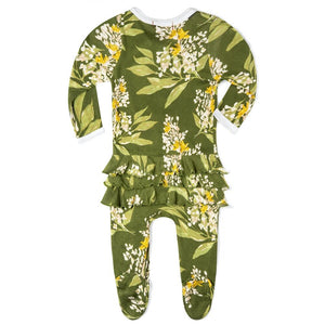 Green Floral Ruffle Zipper Footed Romper - Bamboo One Piece