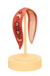 Velvet Embroidered Narrow Headband - Art Deco Floral, Tangerine