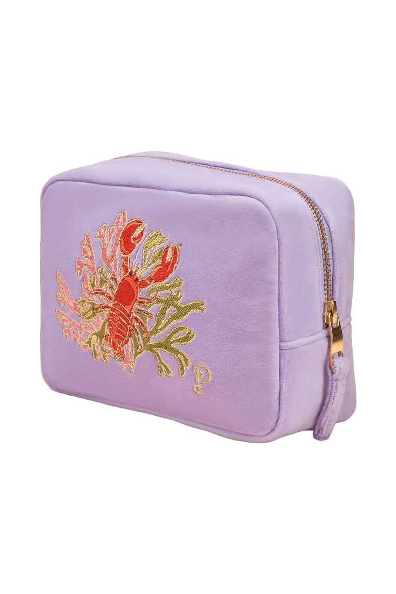 Velvet Embroidered Make Up Bag - Lobster Buddies, Lavender