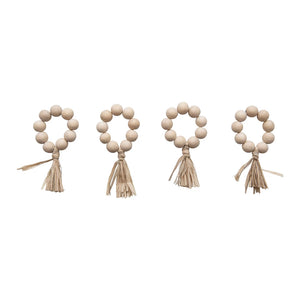 Wood Bead Napkin Rings w/ Raffia Tassel, Set of 4