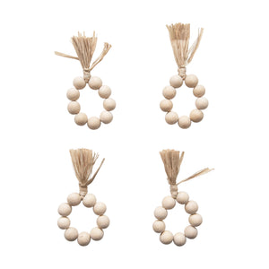 Wood Bead Napkin Rings w/ Raffia Tassel, Set of 4