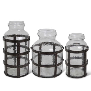 Textured Glass Jars in Metal Cage