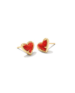 Ari Heart Stud Earring Gold - Red Kyocera Opal