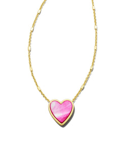 Heart Gold Pendant Necklace in Hot Pink Mother Of Pearl