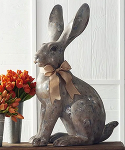Resin Distressed Gray Siting Bunny w/Burlap Bow