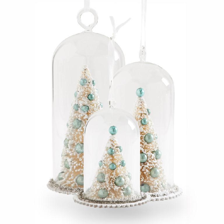 Glass Dome Bottle Brush Tree Ornament w/ Blue Ornaments