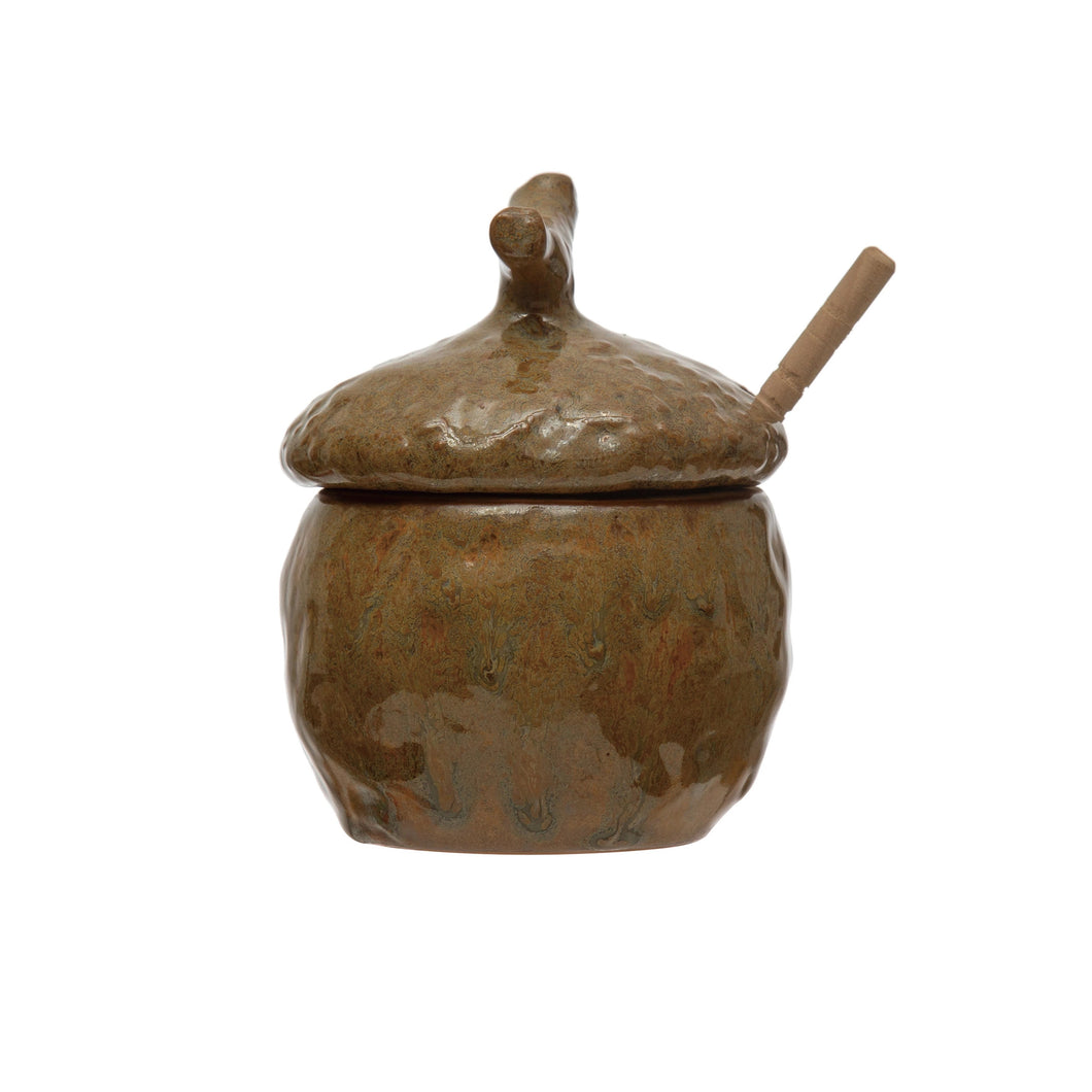 Stoneware Acorn Honey Jar with Wood Honey Dipper