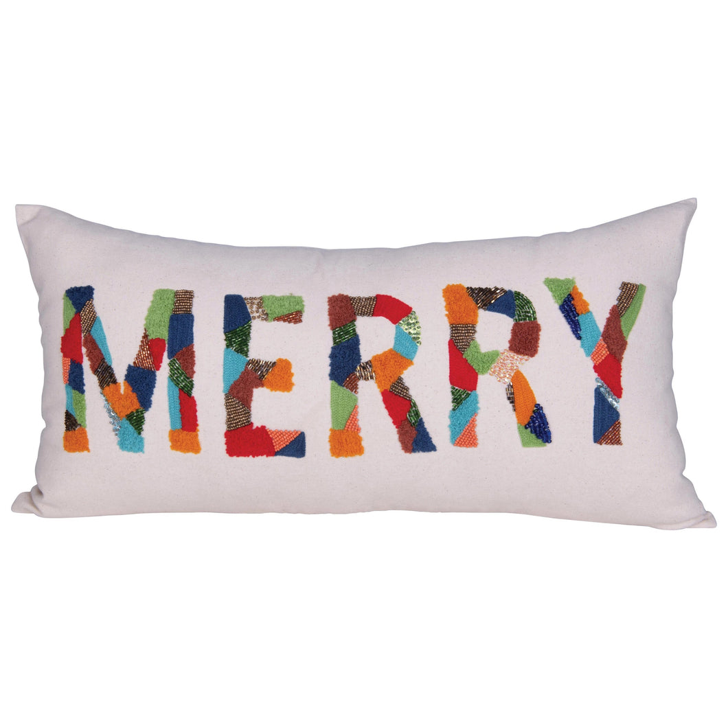 Merry Cotton Lumbar Pillow with Appliqued Beads