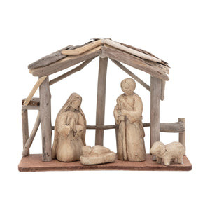 Handmade Driftwood and Paper Mache Nativity with Wood Base
